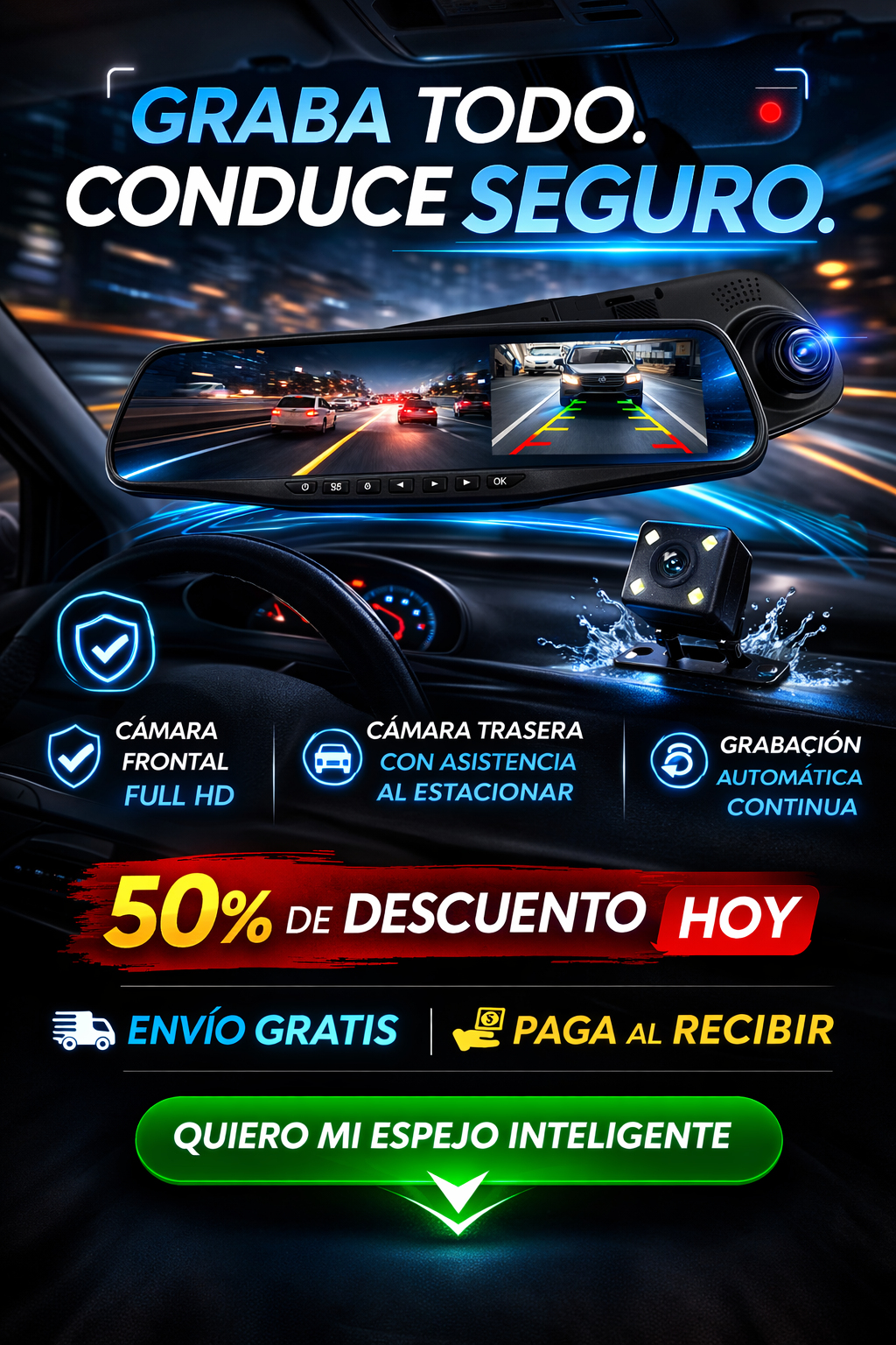 Retrovisor con cámara delantera y trasera |  Conduce con respaldo.